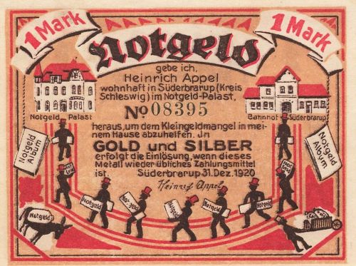 1 Mark Notgeld SÜDERBRARUP Heinrich Appel, Notgeld-Palast