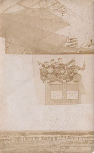 Fotokarte 1.WK Fotomontage Soldaten Flucht mit Zeppelin II aus Altengrabow 1911