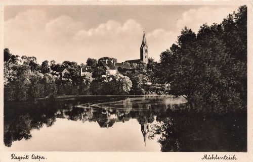 AK Ragnit Mühlenteich Kirche Ostpreussen 1938 ungelaufen Postkarte