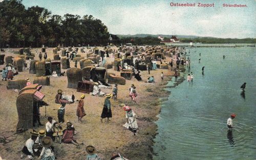 AK Zoppot Strandleben Menschen Strand Pommern 1909 gelaufen Postkarte