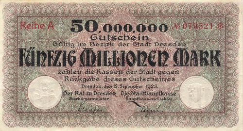 50 Million Mark 12.09.1923 Gutschein Stadt Dresden