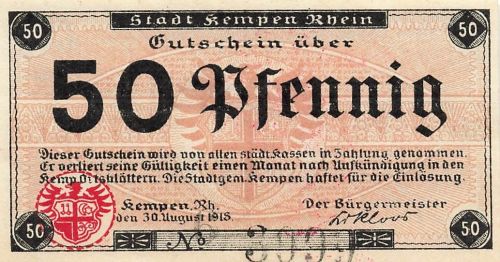 50 Pfennig Notgeld KEMPEN a. RHEIN Stadt Rs.Stpl. A