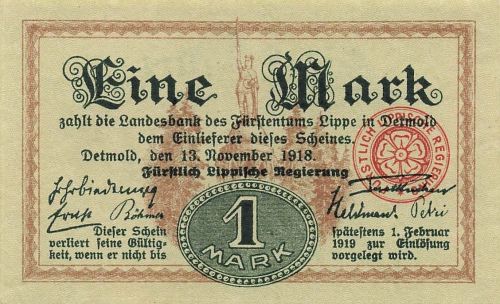 1 Mark Notgeld DETMOLD Einlöse-Schein Landesbank des Fürstentums Lippe 1918