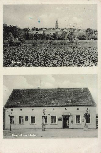 Gasthof zur Linde und Ortsansicht von Steutz Sachsen-Anhalt Postkarte AK