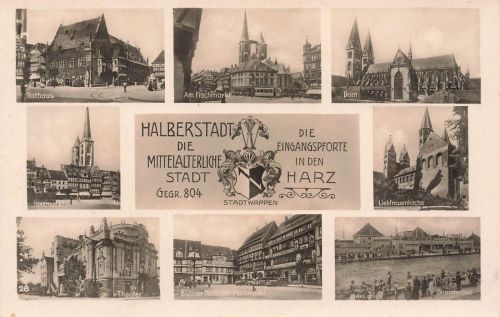 AK Halberstadt Theater Dom Kirche Panorama Sachsen-Anhalt ungelaufen Postkarte