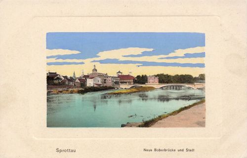 AK Sprottau Szprotawa Boberbrücke Stadtansicht Schlesien ungelaufen Postkarte