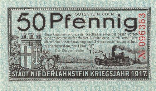 50 Pfennig x Notgeld NIEDERLAHNSTEIN Kriegsjahr 1917