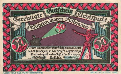 50 Pfennig Notgeld WILHELMSHAVEN-RÜSTRINGEN Vereinte Lichtspiele