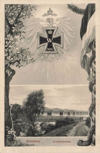 Weichselbrücke und Adler mit EK2 Graudenz Westpreussen Postkarte AK 1914