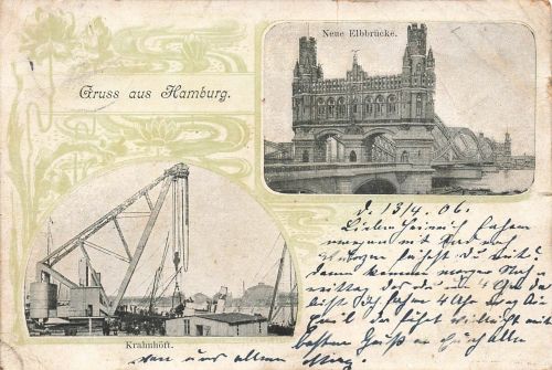 Gruss aus Hamburg Krahnhöft und Neue Elbbrücke Hamburg Litho Postkarte AK 1906