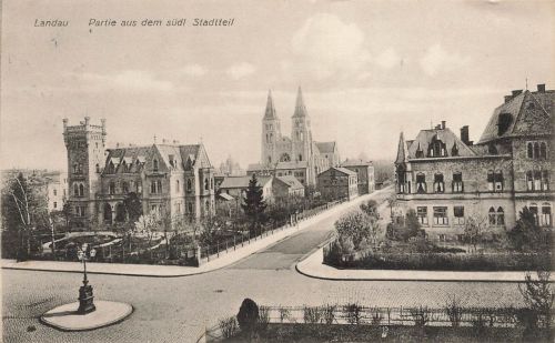 Partie aus dem südlichen Stadtteil mit Kirche Landau Rheinland-Pfalz AK 1910