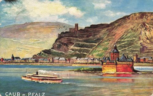 Ansicht Burg Pfalzgrafenstein mit Dampfschiff in Caub Rheinland-Pfalz AK 1917