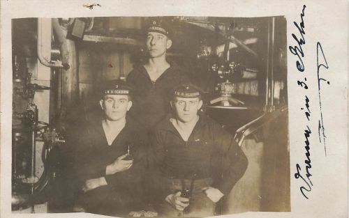 Fotokarte 1.WK deutsche Matrosen Mützenband S.M.S. Oldenburg Maschinenraum