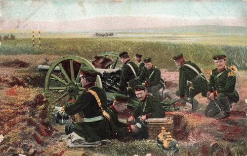 AK 1.WK Feldkanone Soldaten im Felde Pickelhauben 1908 Patriotika Postkarte