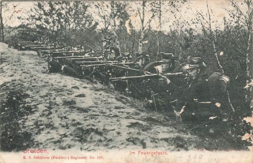 AK 1.WK Feuergefecht Füsilier Regiment 108 Dresden 1909 gelaufen Patriotika