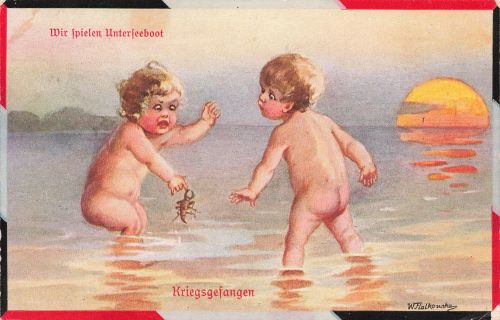 AK 1.WK Wir spielen Unterseeboot Kriegsgefangen Kinder 1915 gelaufen Patriotika