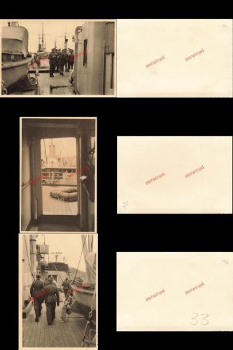 3x Fotos deutsche Soldaten auf deutschen Minensucher Hafen Cherbourg Frankreich
