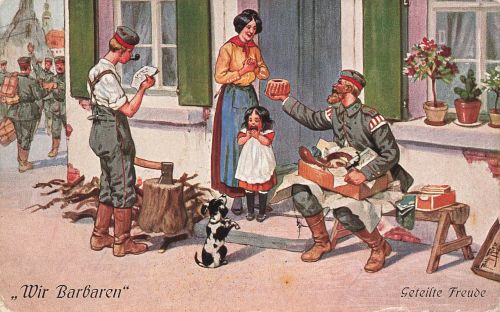 AK 1.WK Wir Barbaren Geteilte Freude Soldaten Frau 1916 gelaufen Patriotika