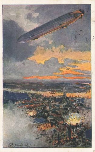 AK 1.WK Zeppelin über Antwerpen 1915 gelaufen Patriotika Postkarte