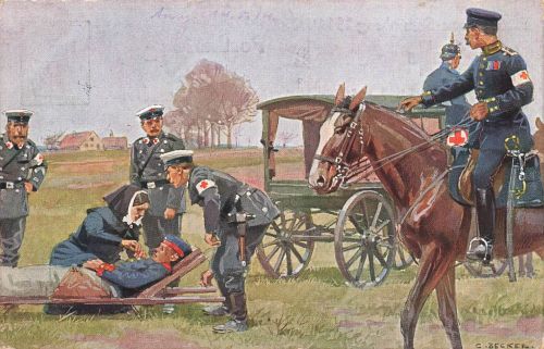 AK 1.WK Krankenpflege im Kriege Rotkreuz Soldaten gelaufen Patriotika Postkarte