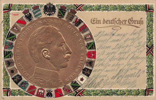 AK 1.WK Wappenkarte Kaiser Wilhelm II Portrait 1915 gelaufen Patriotika Geprägt
