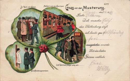 AK 1.WK Gruss von der Musterung Kleeblatt 1906 gelaufen Patriotika Postkarte