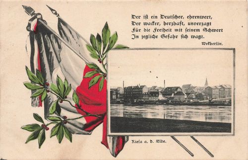 AK 1. WK Riesa a. Elbe Spruchkarte Flagge Sachsen 1915 gelaufen Feldpostkarte