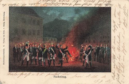 AK 1.WK Fackelzug bei Nacht Männer mit Schärpen vor Feuer 1902 Patriotika