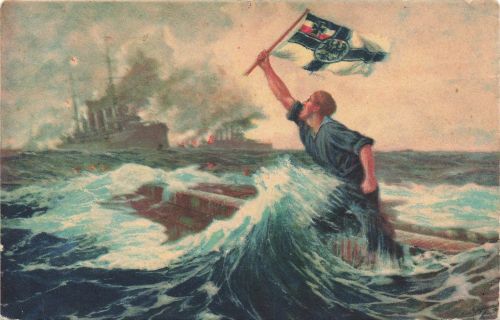 Der letzte Mann Seeschlacht bei den Falklandinseln Patriotika Postkarte AK 1917