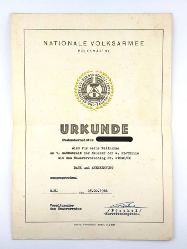 DDR Urkunde Teilnahme 1. Wettstreit 4. Flottille Stabsobermeister 1966