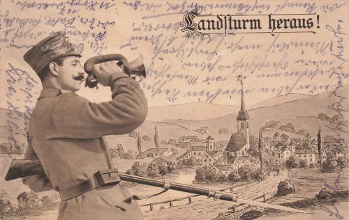 AK 1.WK Landsturm heraus! Soldat Signalhorn Trompeter 1915 Patriotika Postkarte