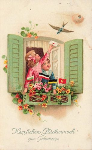 AK 1.WK Geburtstag Kinder am Fenster Taube Waffenbrüderschaft Patriotika 1917