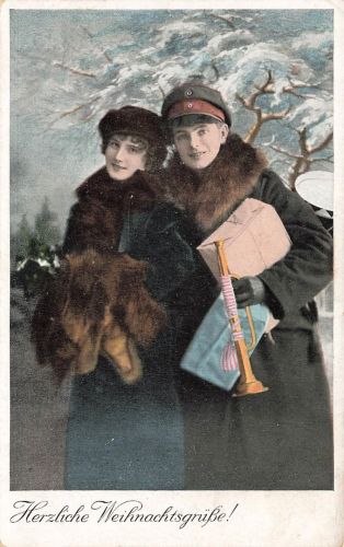 AK 1.WK Herzliche Weihnachtsgrüße Soldat Frau Trompete Winter 1916 Patriotika
