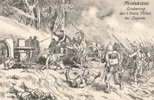 AK 1.WK Eroberung der 1. französischen Fahne bei Lagarde Feldskizze Patriotika