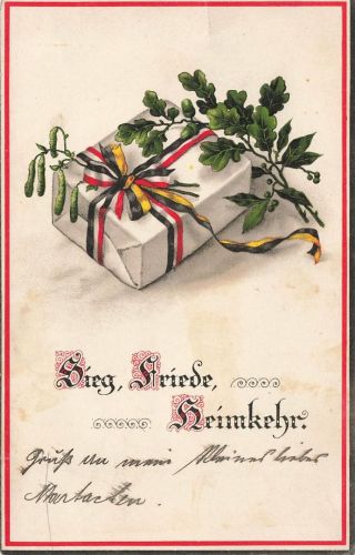 AK 1.WK Sieg Friede Heimkehr Geschenk 1915 gelaufen Patriotika Postkarte