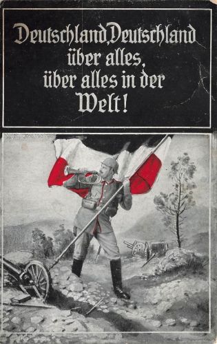 AK 1.WK Deutschland über alles Soldat mit Fahne 1916 Patriotika Postkarte