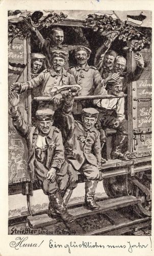 AK 1.WK Neujahr Soldaten im Zug Hurra ein Glückliches neues Jahr 1914 Patriotika