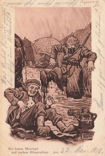 AK 1.WK Soldaten Humor Moorbad Karikatur 1918 gelaufen Patriotika Postkarte