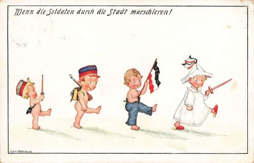 AK 1.WK Kinder Soldaten marschieren Gewehr Fahne 1915 Patriotika Postkarte