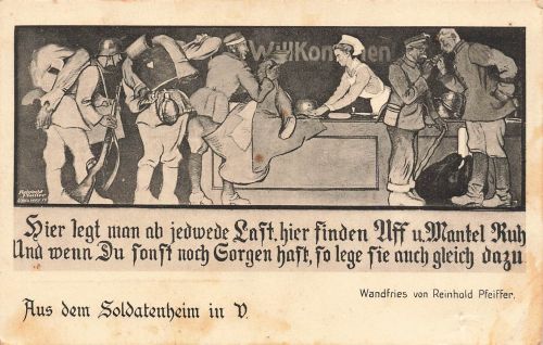 AK 1.WK Soldatenheim Illustration Alltag Rheinhold Pfeiffer 1918 Patriotika