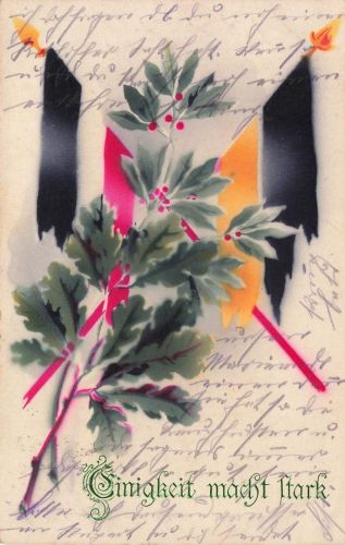 AK 1.WK Einigkeit macht Stark Flagge Reichsfarben 1916 gelaufen Patriotika