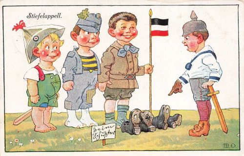 AK 1.WK Stiefelappell Kinder Militär Kaiserreich Pickelhaube Flagge 1916