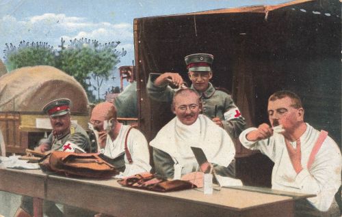 AK 1.WK Feldlazarett Soldaten Rasur Rotes Kreuz 1916 gelaufen Postkarte