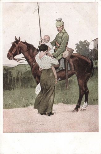 AK 1.WK Soldat Abschied Frau und Baby Pferd Patriotika Postkarte