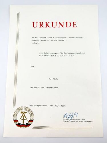 DDR Urkunde Wettbewerb 1977 Arbeitsgruppe für Verkehrssicherheit Bad Tennstedt