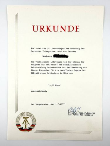 DDR Urkunde 32. Jahrestag der Deutschen Volkspolizei für vorbildliche Leistungen