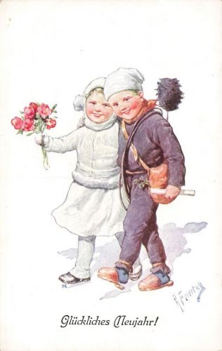 AK Neujahr Kind mit Blumen Schornsteigfeger K. Feiertag Postkarte 2989-1