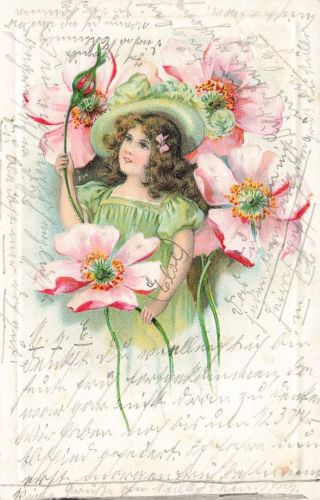 AK Mädchen mit Mohnblüten Frauenmotiv romantisch 1905 Postkarte geprägt