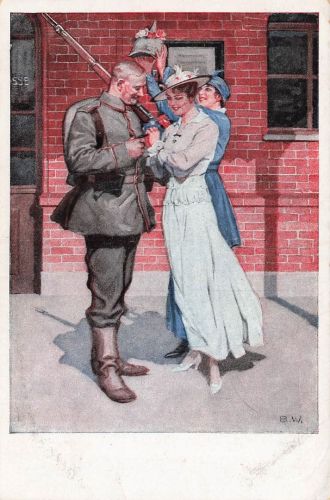 AK 1.WK Vor der Abfahrt Liebespaar Pickelhaube Soldat Patriotika Postkarte