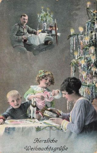 AK 1.WK Weihnachtskarte Soldat an Front Familie Weihnachtsbaum 1915 Patriotika
